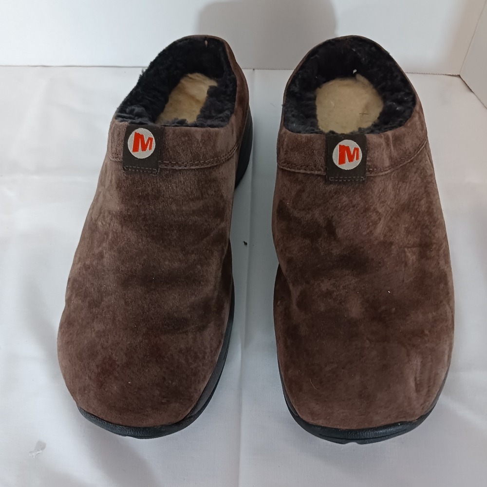 Merrell Men's 8 Brown Suede Slip-On Shoes Faux Fur Lined Round Toe Logo
